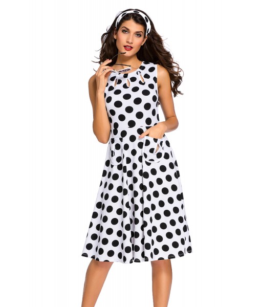 White Polka Dot Bohemain Print Dress with Keyholes