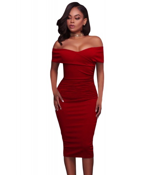 Red Ruched Off Shoulder Bodycon Midi Dress