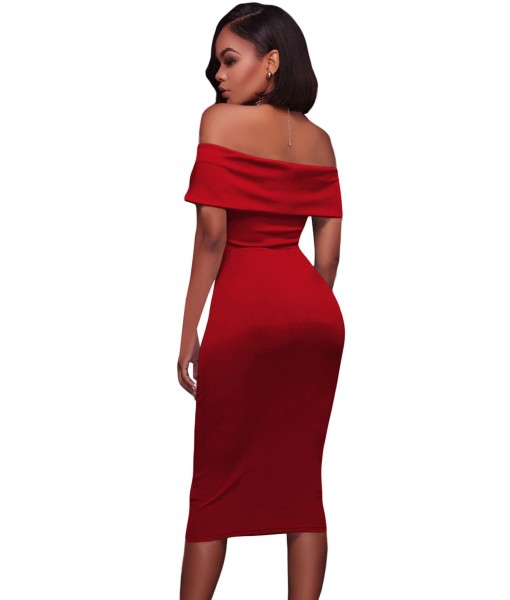 Red Ruched Off Shoulder Bodycon Midi Dress