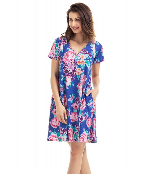 Royal Blue Pocket Design Summer Floral Shirt Dress