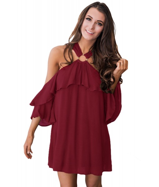 Burgundy Adorable Sexy O Ring Detail Ruffle Dress