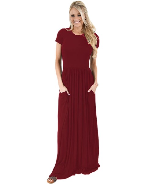 Wine Short Sleeve Ruched Waist Maxi Dress