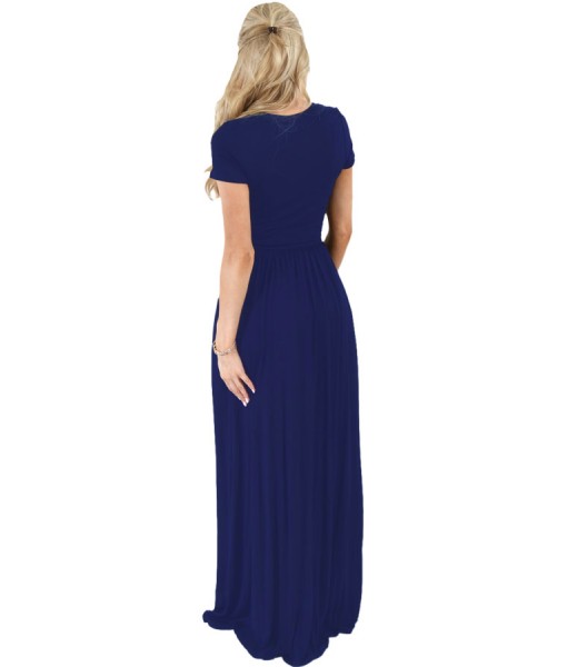 Navy Blue Short Sleeve Ruched Waist Maxi Dress