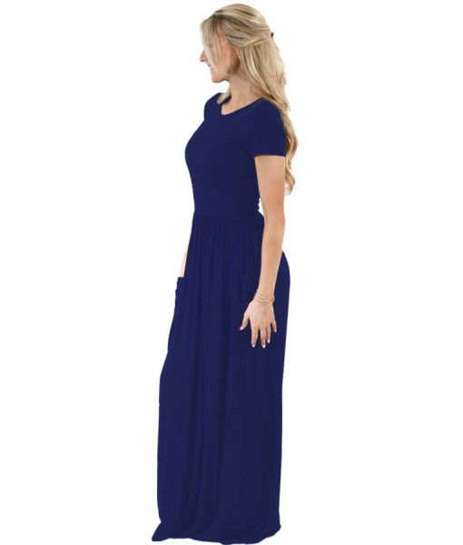 Navy Blue Short Sleeve Ruched Waist Maxi Dress