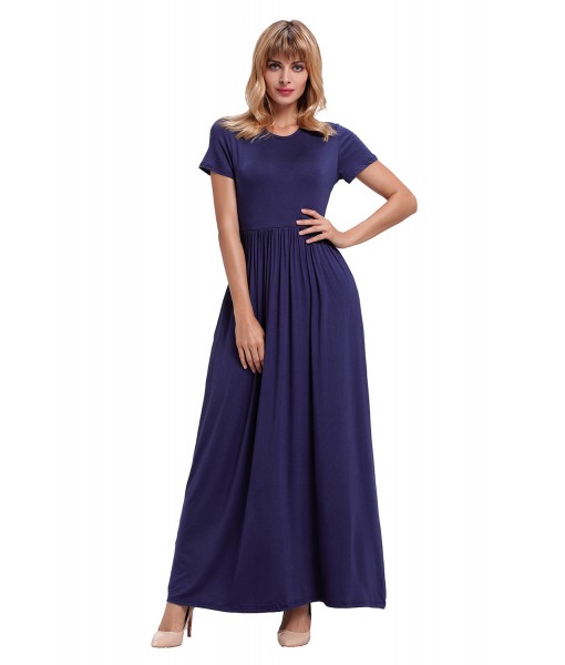 Navy Blue Short Sleeve Ruched Waist Maxi Dress