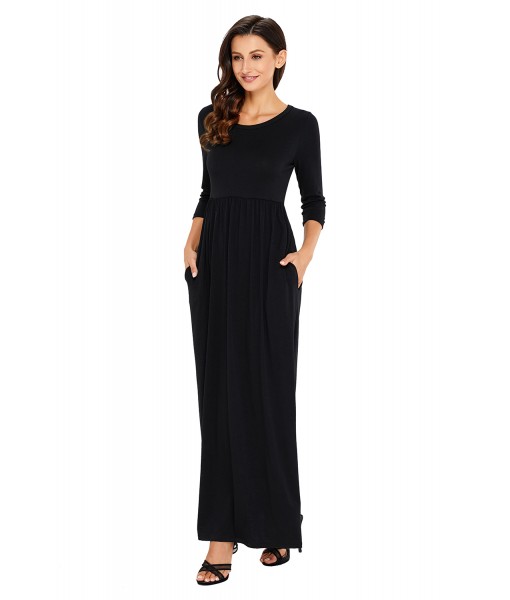 Black Pocket Design 3/4 Sleeves Maxi Dress