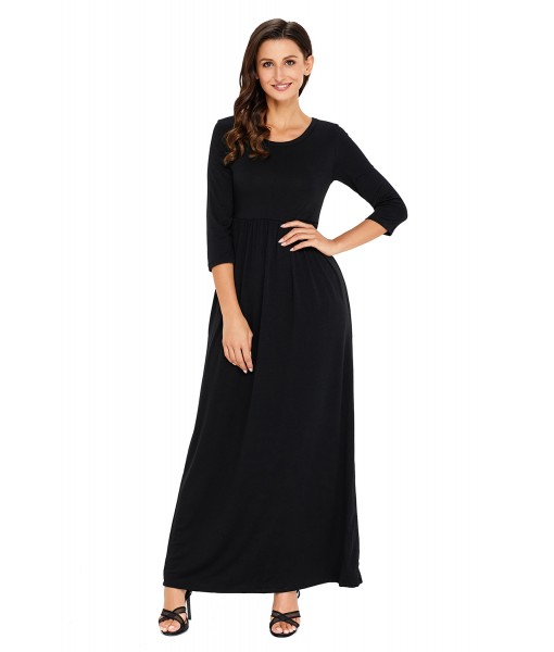 Black Pocket Design 3/4 Sleeves Maxi Dress