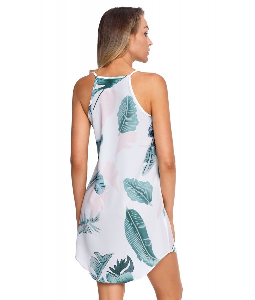 Palm Tree Leaf Print Ivory Sleeveless Dress