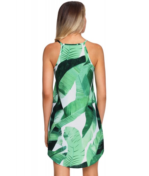 Green Leaf Print Sleeveless Dress