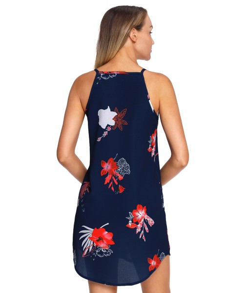 Blooming Red Flower Print Navy Sleeveless Dress