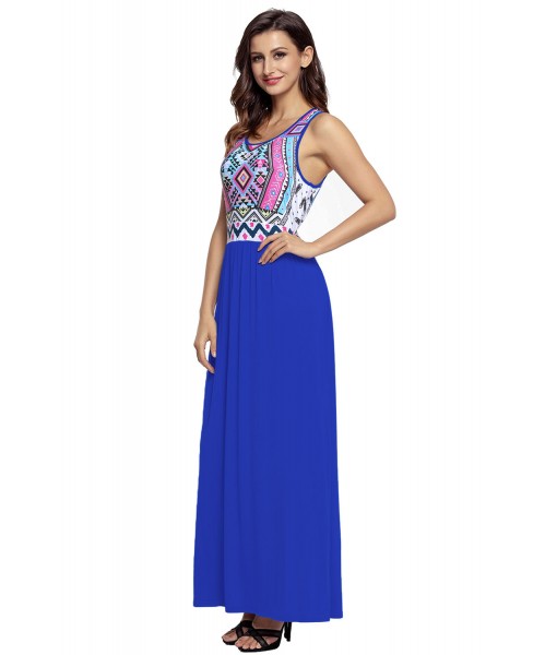 Stylish Aztec Print Sleeveless Royal Blue Maxi Dress