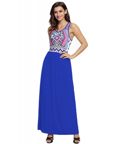 Stylish Aztec Print Sleeveless Royal Blue Maxi Dress