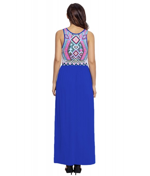 Stylish Aztec Print Sleeveless Royal Blue Maxi Dress