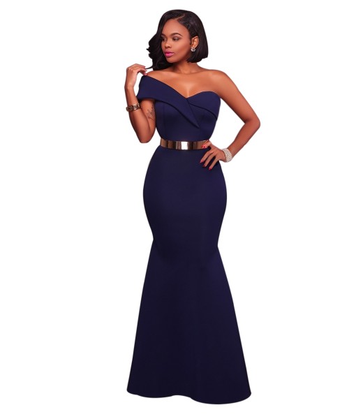 Navy Blue Sexy One Shoulder Ponti Gown