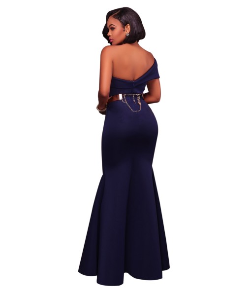 Navy Blue Sexy One Shoulder Ponti Gown