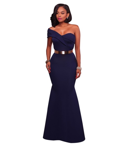 Navy Blue Sexy One Shoulder Ponti Gown