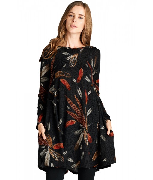 Black Feather Graphic Pocket Tunic Dress