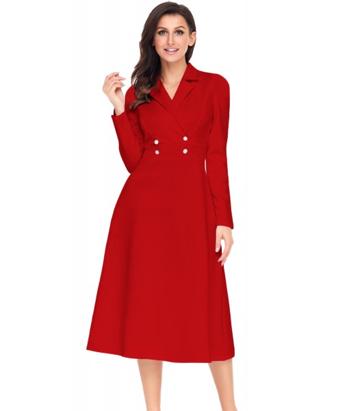 Red Vintage Button Collared Fit-and-flare Dress