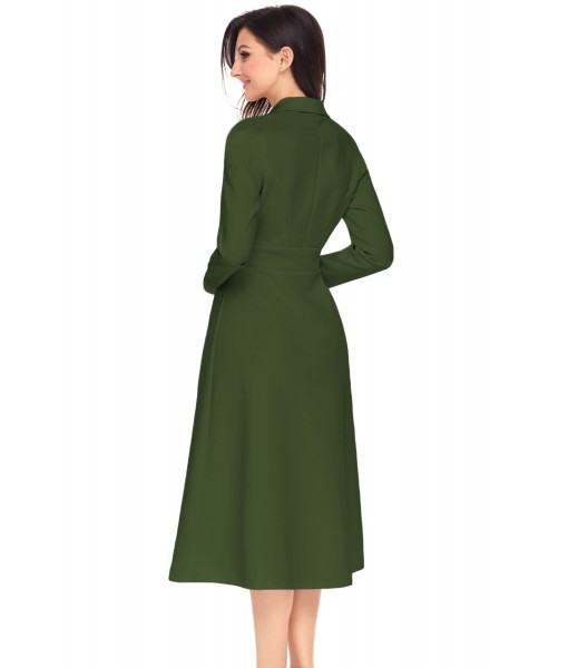 Army Green Vintage Button Collared Fit-and-flare Dress