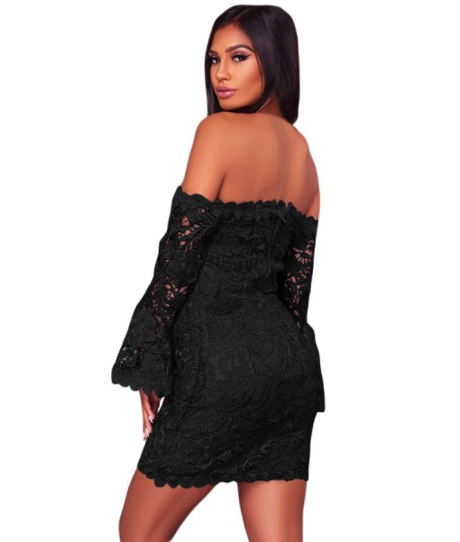 Black Crochet Overlay Off The Shoulder Fitted Mini Dress