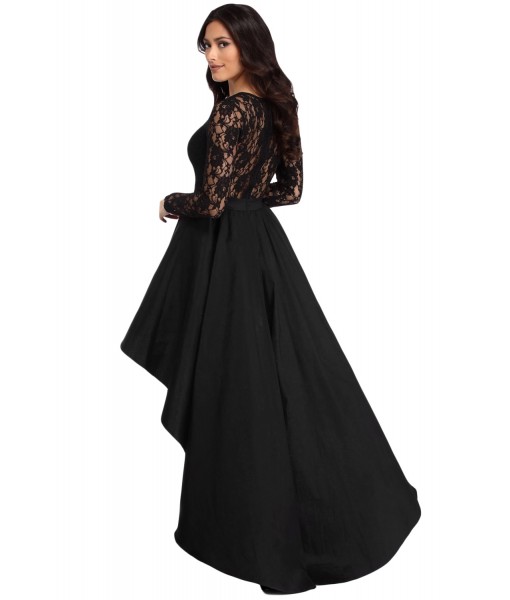 Black Long Sleeve Lace High Low Satin Prom Dress