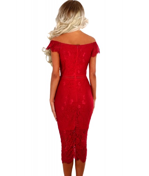 Red Lace Bardot Midi Dress