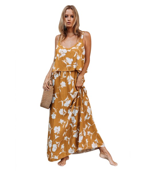 Chic Summer Boho Floral Maxi Dress in Mustard