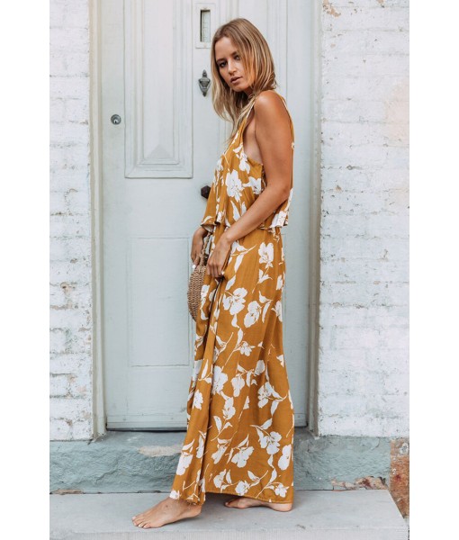 Chic Summer Boho Floral Maxi Dress in Mustard