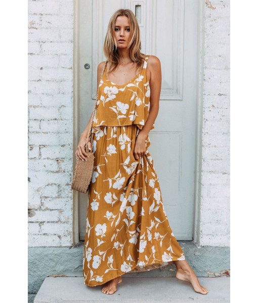 Chic Summer Boho Floral Maxi Dress in Mustard