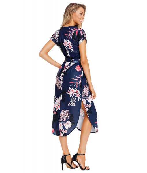 Navy Pink Floral Print Pencil Dress