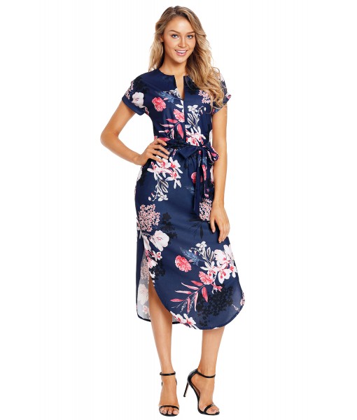 Navy Pink Floral Print Pencil Dress