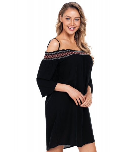 Black Off Shoulder Embroidered Neckline Boho Beach Dress