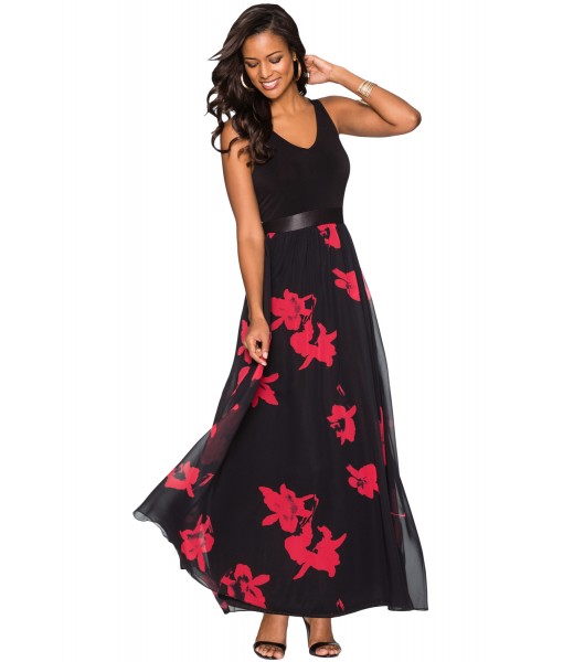 Black & Red Floral Mesh Skirt Sleeveless Maxi Dress