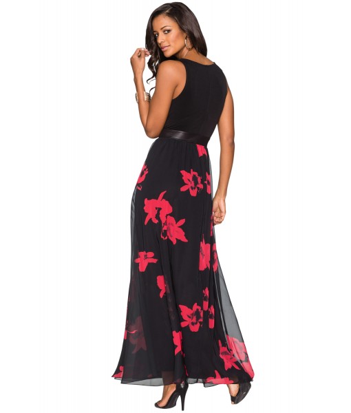 Black & Red Floral Mesh Skirt Sleeveless Maxi Dress