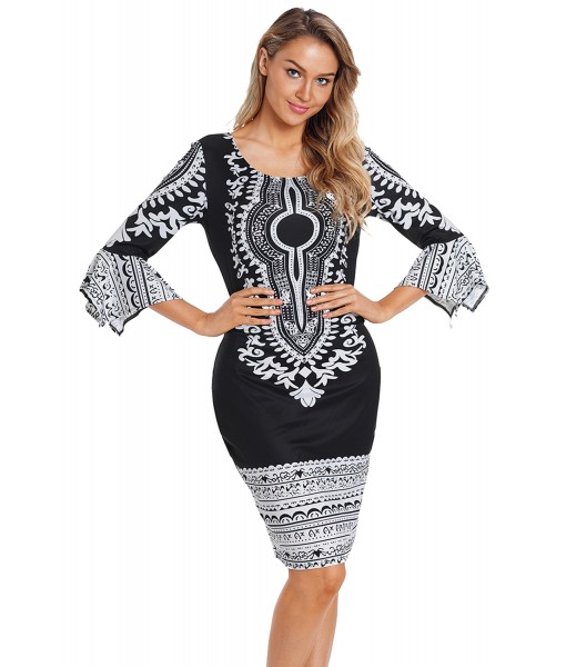 Vintage Floral Print Flare Sleeve Bodycon Dress