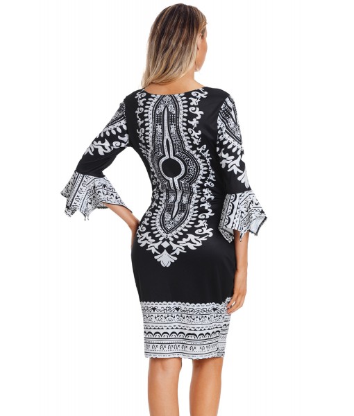 Vintage Floral Print Flare Sleeve Bodycon Dress