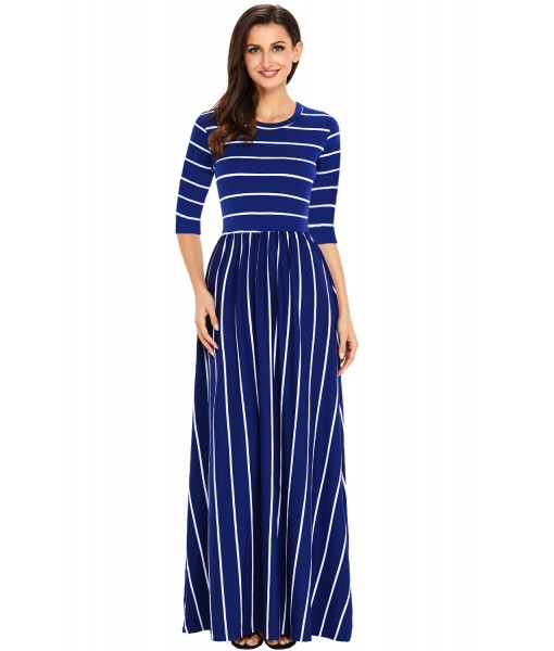 Navy White Striped Casual Pocket Style Maxi Dress