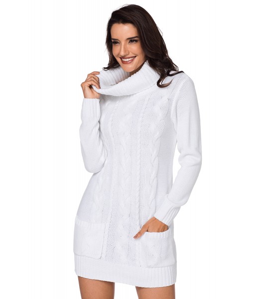 White Cowl Neck Cable Knit Sweater Dress