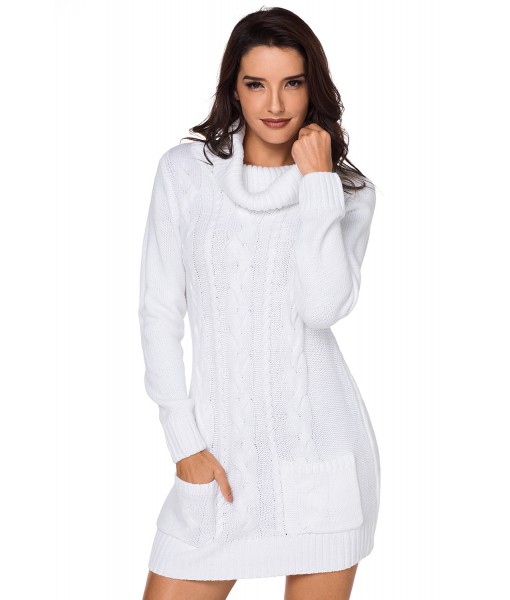 White Cowl Neck Cable Knit Sweater Dress