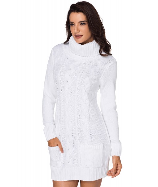 White Cowl Neck Cable Knit Sweater Dress