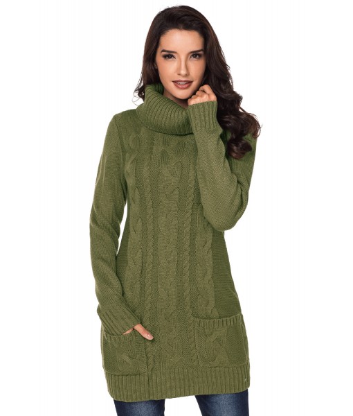 Olive Cowl Neck Cable Knit Sweater Dress