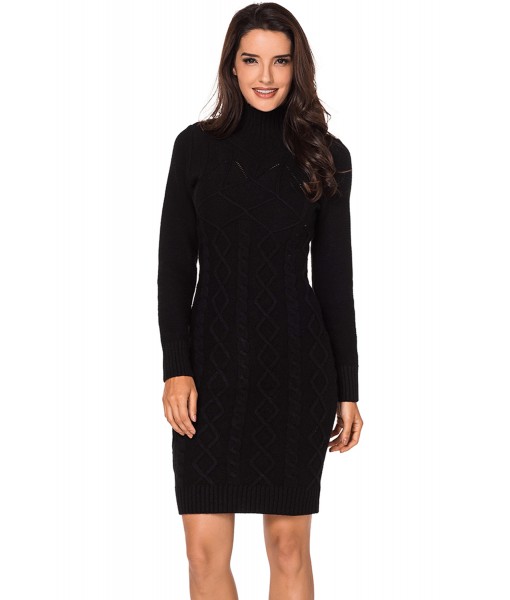 Black Cable Knit High Neck Sweater Dress