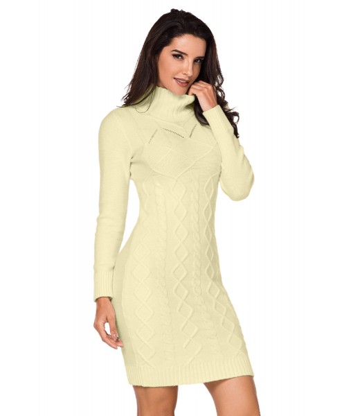 Apricot Cable Knit High Neck Sweater Dress