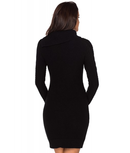 Asymmetric Buttoned Collar Black Bodycon Sweater Dress