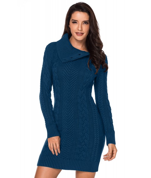 Asymmetric Buttoned Collar Biscay Bodycon Sweater Dress