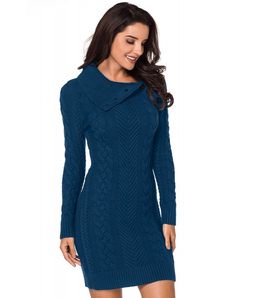 Asymmetric Buttoned Collar Biscay Bodycon Sweater Dress