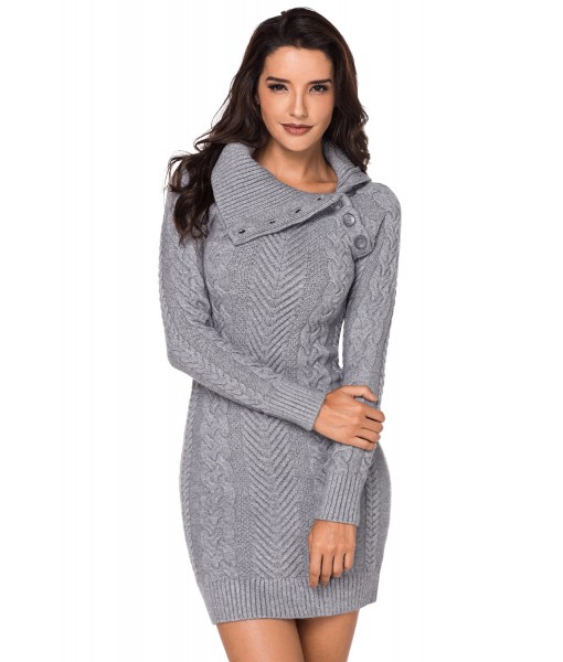 Asymmetric Buttoned Collar Grey Bodycon Sweater Dres