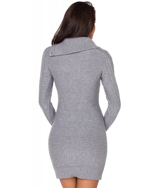 Asymmetric Buttoned Collar Grey Bodycon Sweater Dres