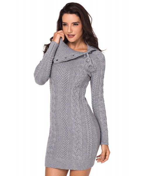 Asymmetric Buttoned Collar Grey Bodycon Sweater Dres