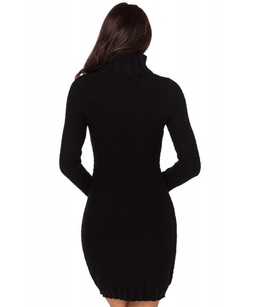 Black Stylish Pattern Knit Turtleneck Sweater Dress